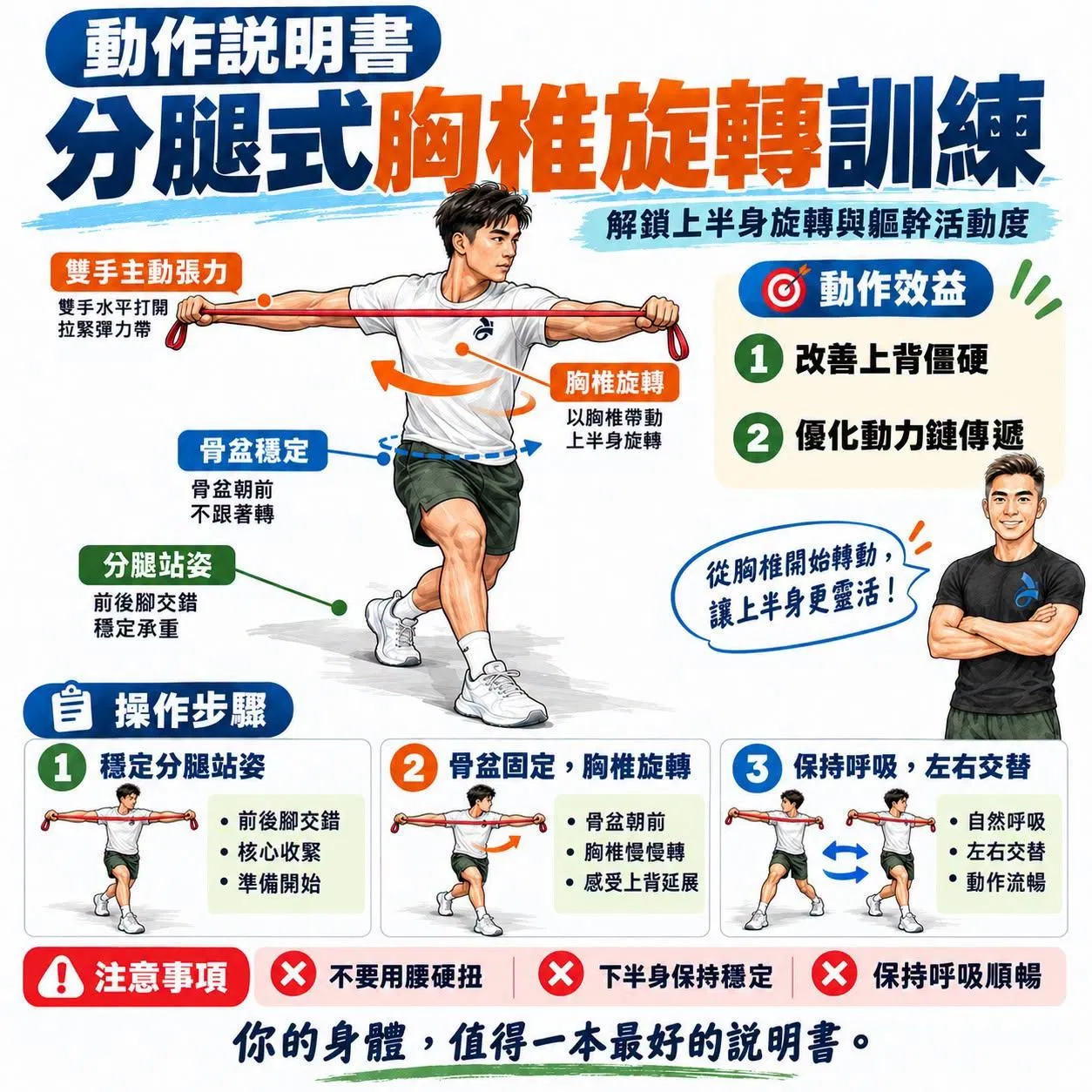 【動作說明書】分腿式胸椎旋轉訓練：解鎖上半身旋轉與軀幹活動度 ​