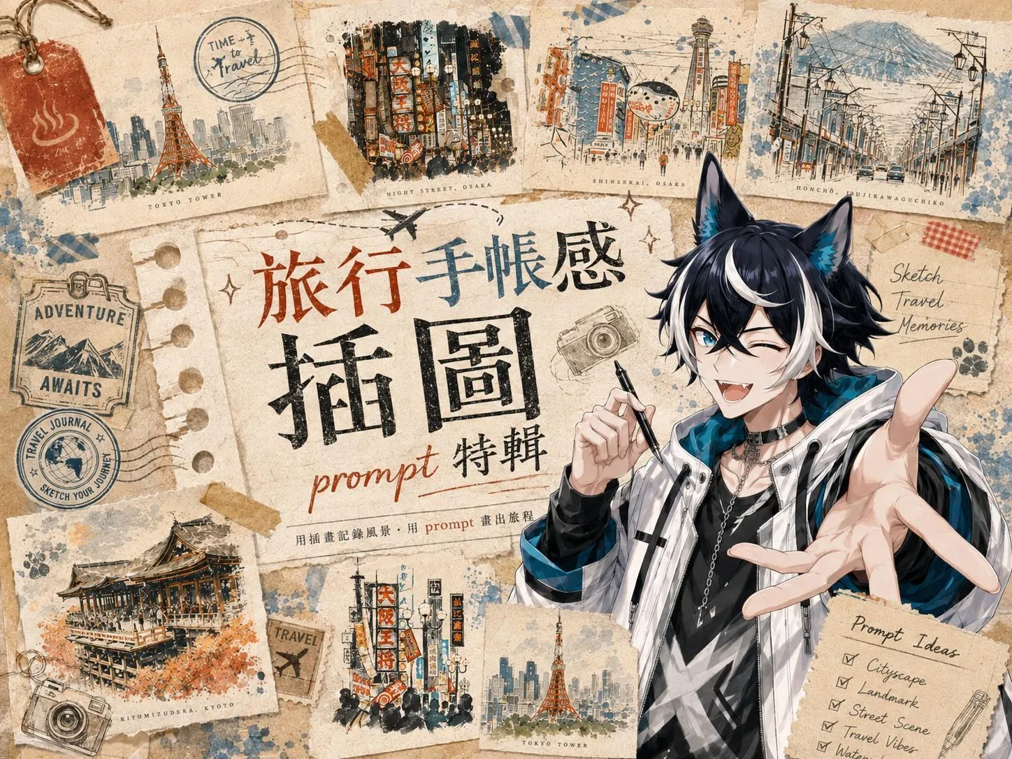 旅行手帳感插圖 prompt 特輯:上半實拍、下半手繪的雙格拆解