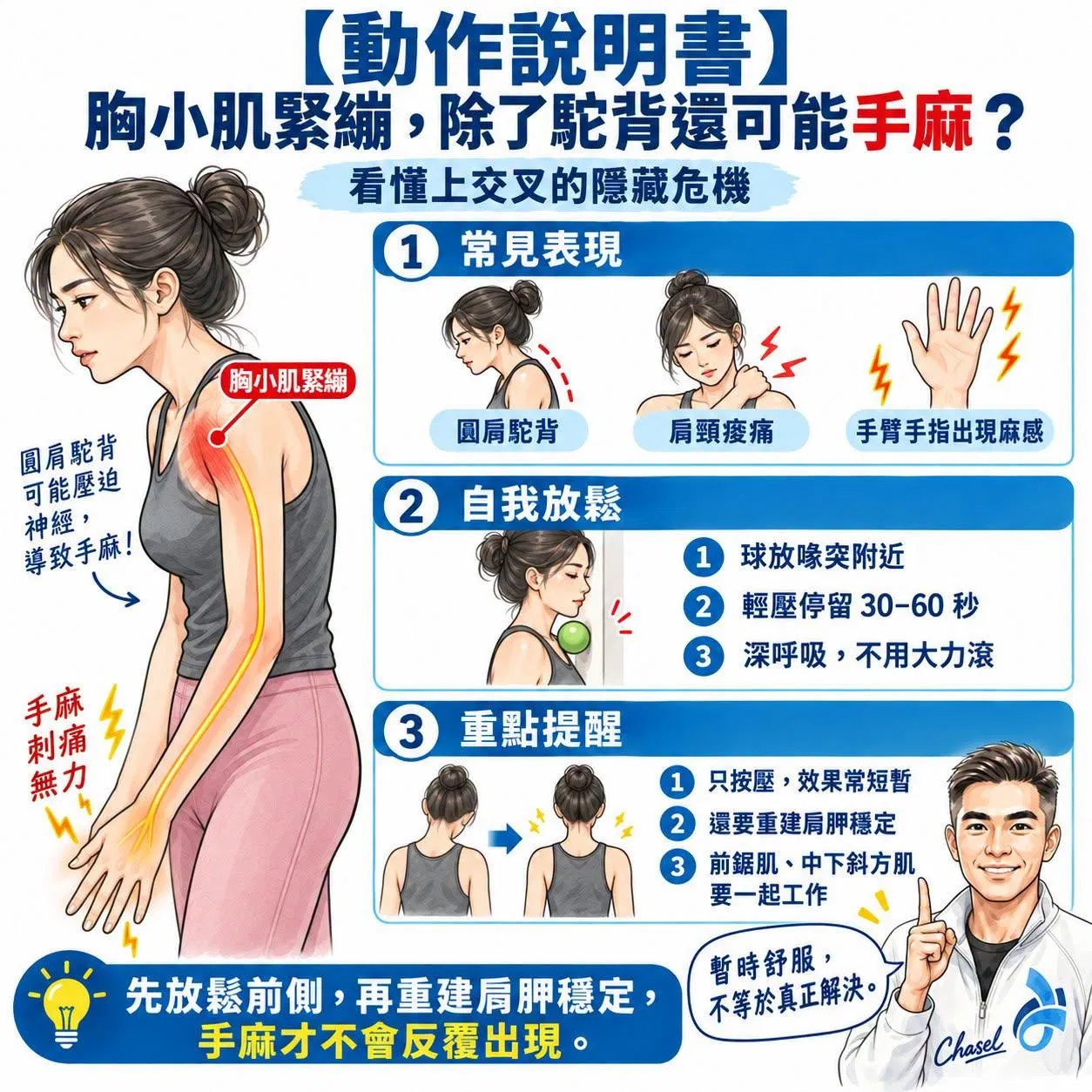 【動作說明書】胸小肌緊繃，除了駝背還可能手麻？看懂上交叉的隱藏危機