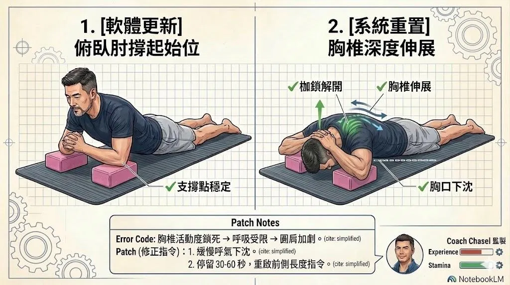 「動作說明書」：系統除錯——瑜珈磚深度胸肌伸展篇