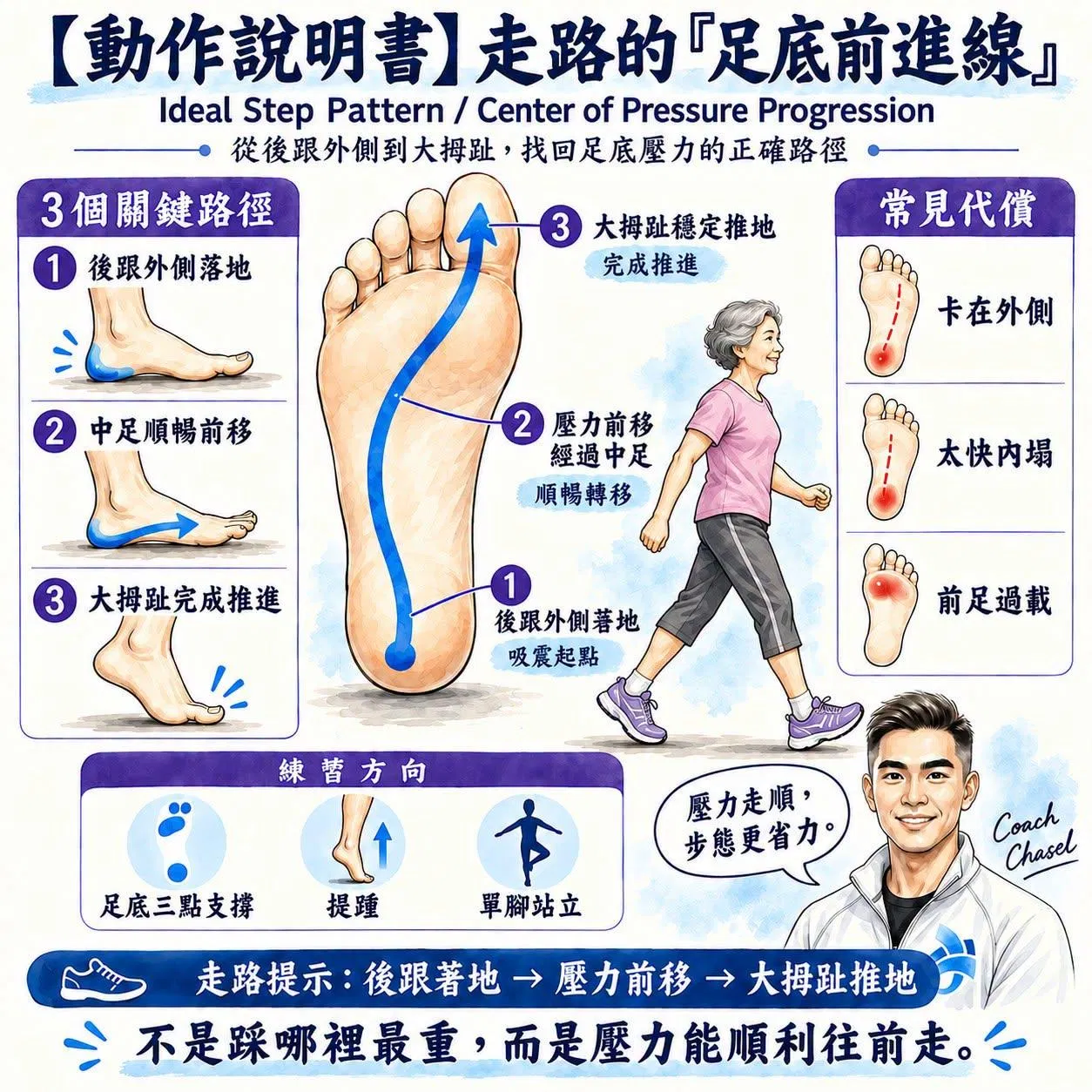 【動作說明書】走路的足底前進線：壓力走順，步態更省力