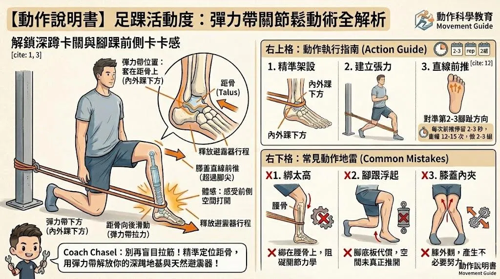 【動作說明書】深蹲卡關、腳踝前側卡卡？試試看彈力帶距骨鬆動術！ ​