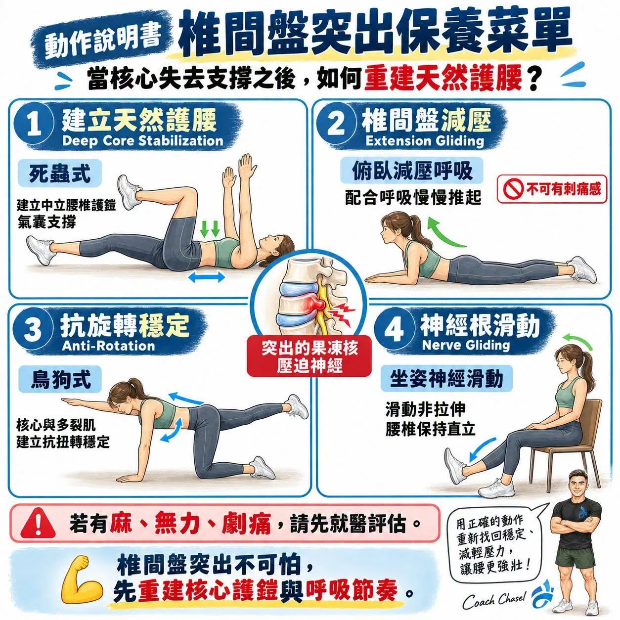 【動作說明書】椎間盤突出保養菜單：當核心失去支撐之後，如何重建你的天然護腰？