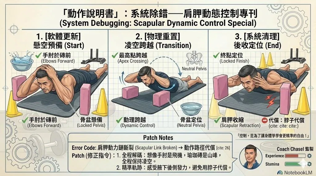 「動作說明書」：肩胛動態控制：趴姿瑜珈磚手肘跨越