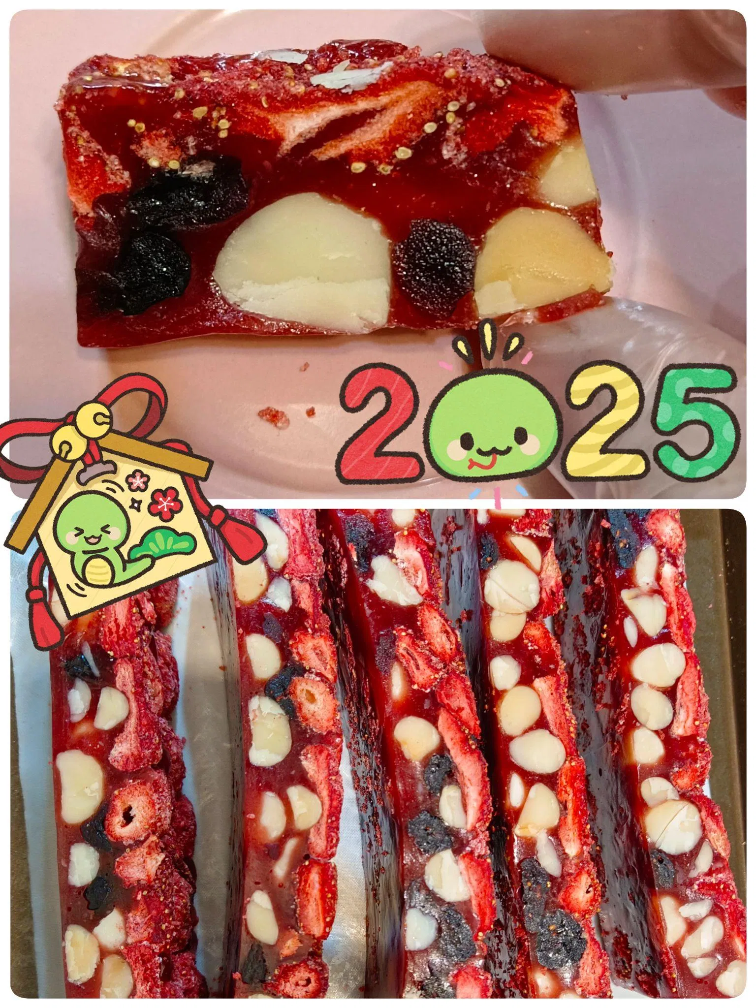 新年第一天交功課囉！ 超級好吃的， 軟硬適中，很好切，唯一不足之處是... 草莓沒買到品質比較好的，有大有小...但不影響口感😋😋😋 小朋友吃得津津有味...停不了口啊！