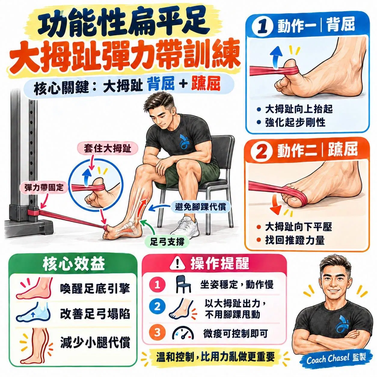 【動作說明書】功能性扁平足，一定要練的大拇趾彈力帶訓練