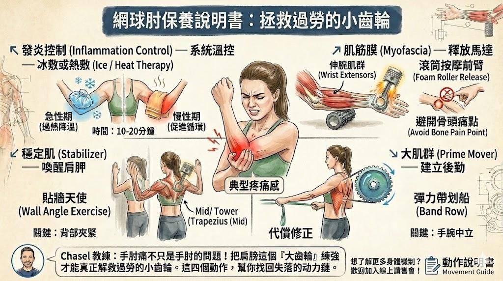 【動作說明書】媽媽沒打網球也得「網球肘」？破解家事代償，拯救過勞的小齒輪！ ​