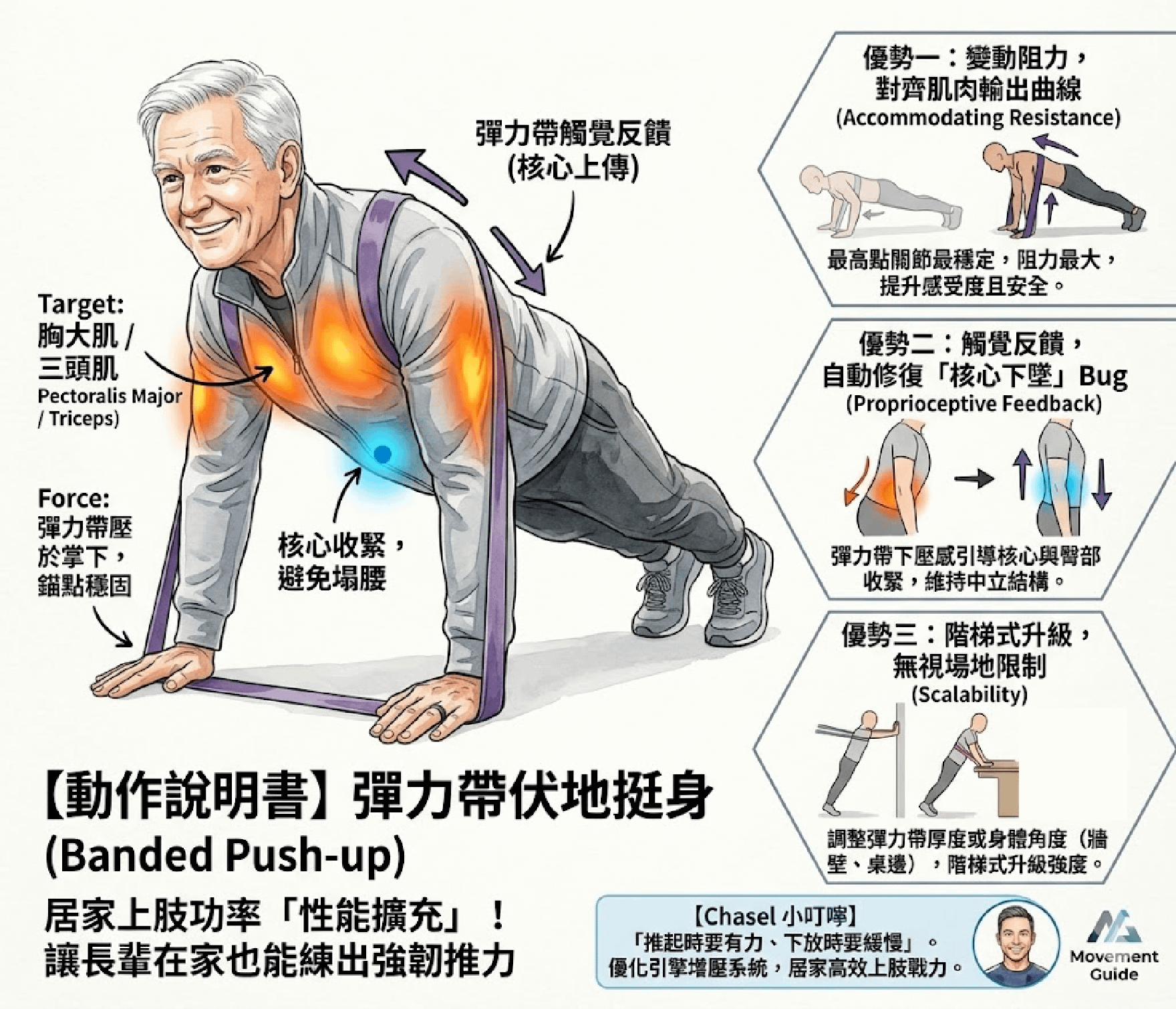 【動作說明書】居家上肢功率「性能擴充」！彈力帶伏地挺身：讓長輩在家也能練出強韌推力 ​