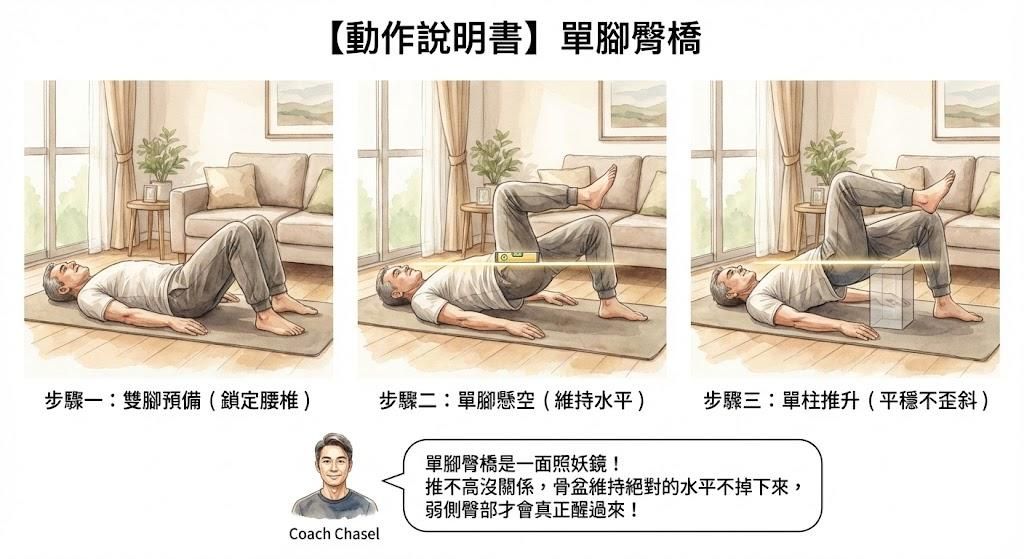 【動作說明書】單腳臀橋：揪出弱勢側，打造穩固的單柱橋墩