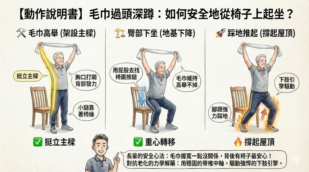 【動作說明書】毛巾過頭深蹲（Overhead Squat）：拯救長輩駝背，打造挺立的房屋主樑