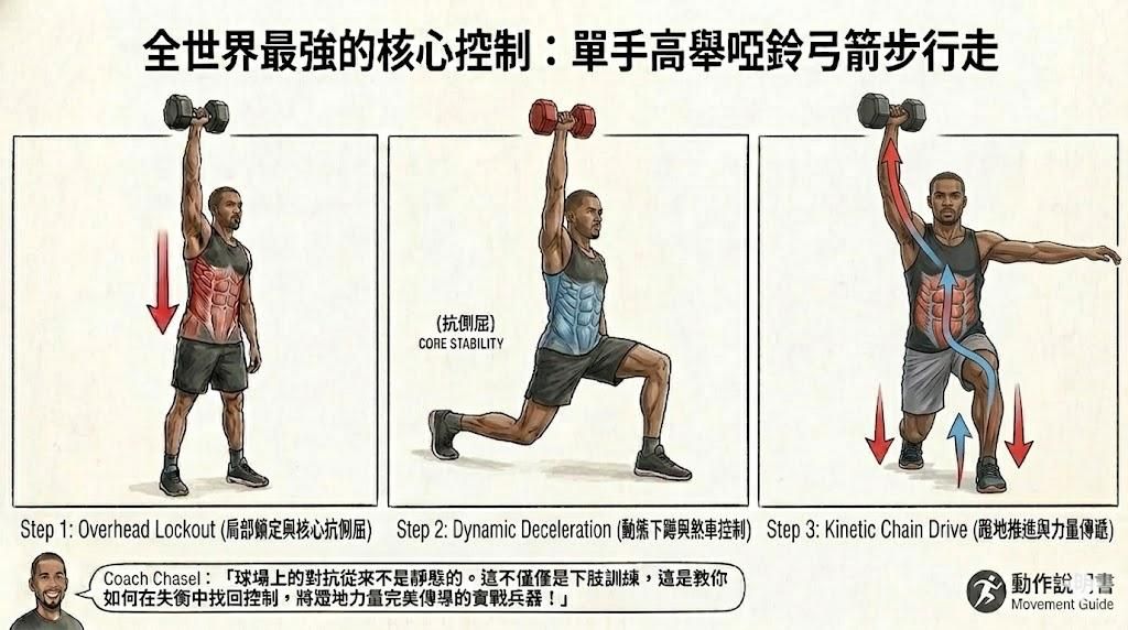 動作說明書：單手高舉啞鈴弓箭步行走