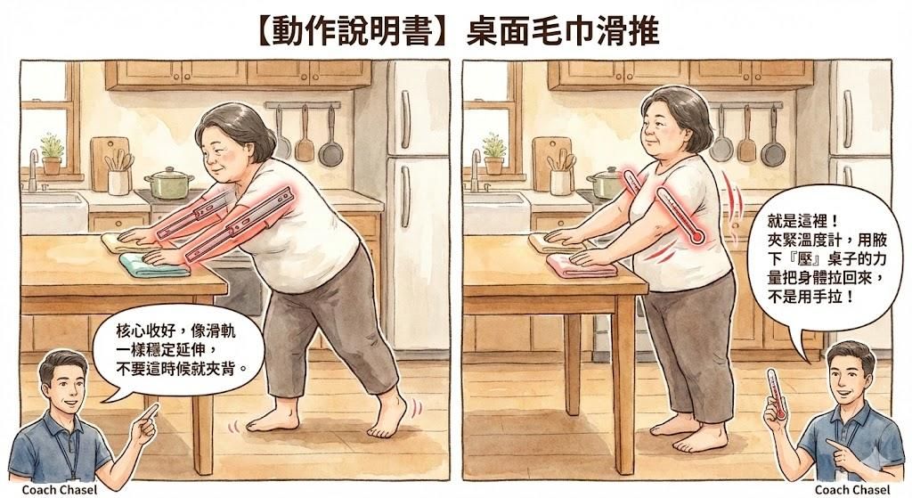 動作說明書：桌面毛巾滑推