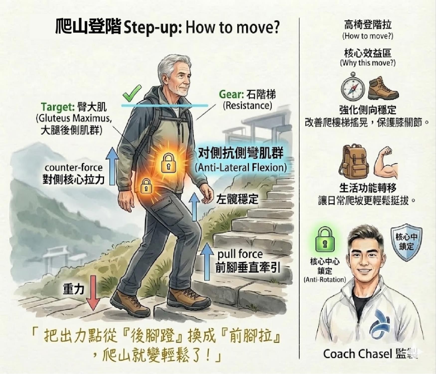 【動作說明書】爬山登階：別用後腳「死命蹬」，試試用前腳「穩穩拉」 ​