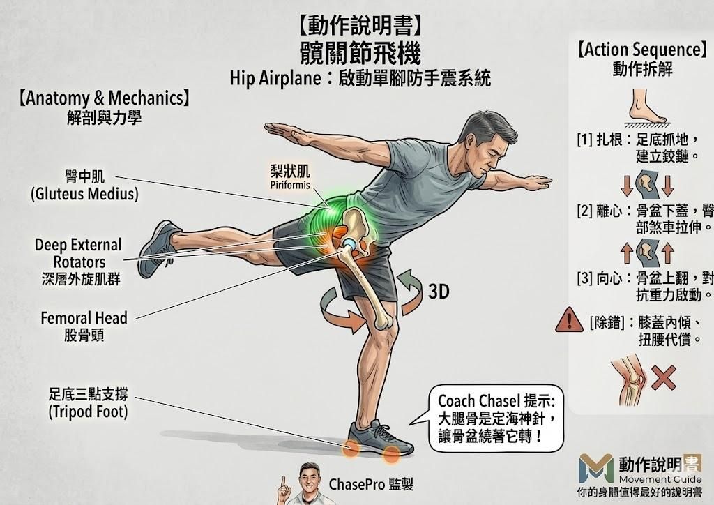 【動作說明書】髖關節飛機 (Hip Airplane)：解鎖單腳防手震系統的終極測試