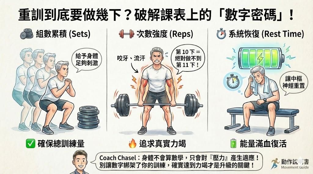 【動作說明書解惑】重訓到底要做幾下？破解組數、次數與休息時間的「模組化」密碼