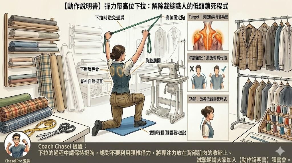 【動作說明書】彈力帶高位下拉：解除裁縫職人的低頭鎖死程式