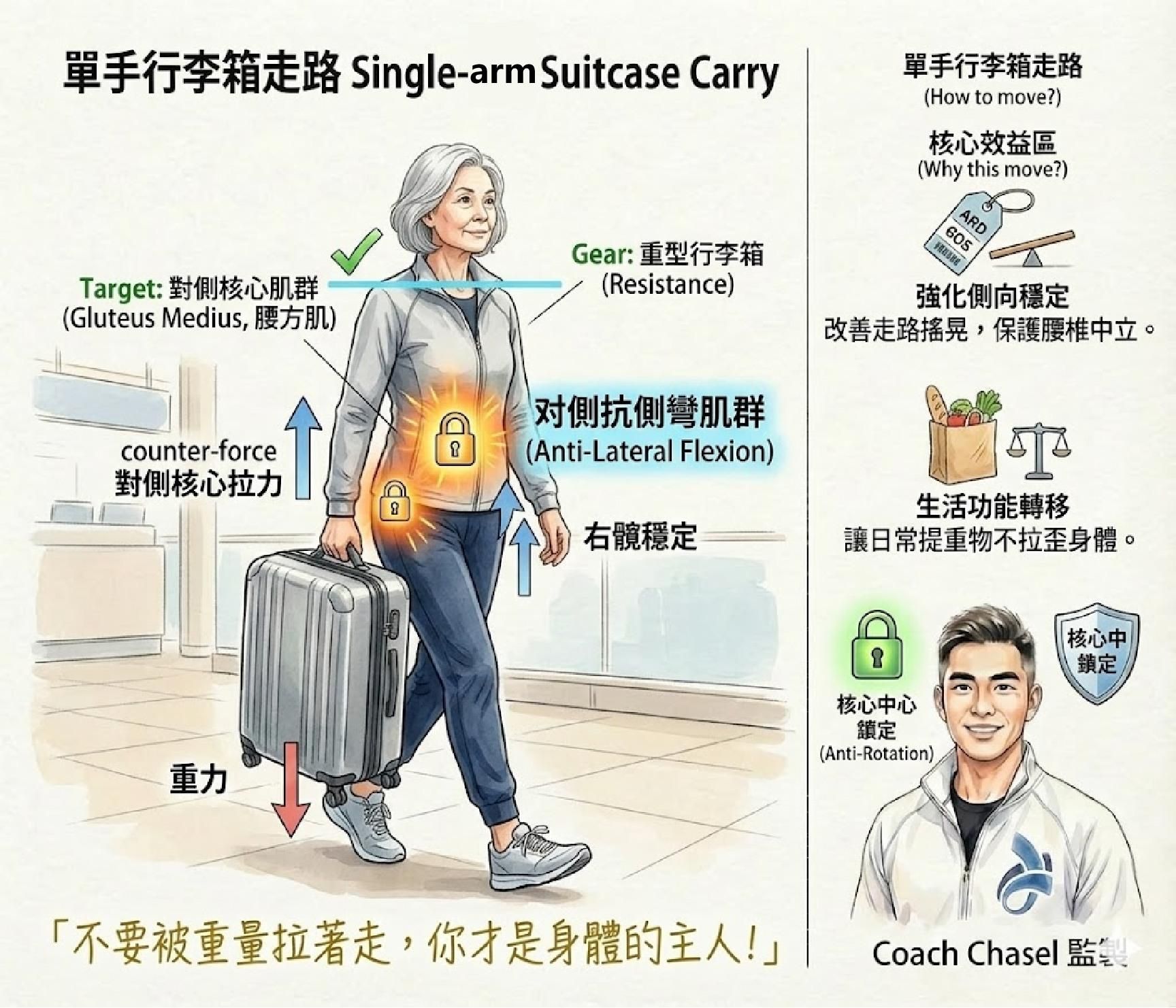 【動作說明書】優雅走路：單手提重也不歪斜的「核心鎖定」術 ​