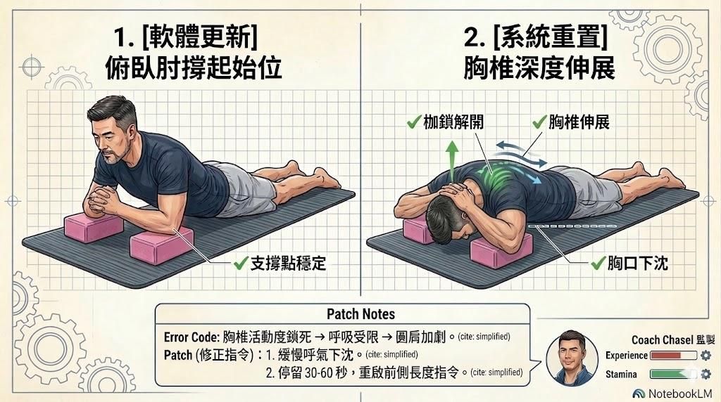 「動作說明書」：系統除錯——瑜珈磚深度胸肌伸展篇