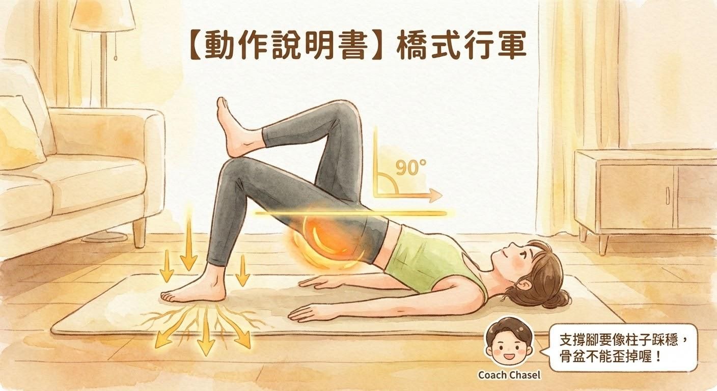 【動作說明書】橋式行軍：挑戰抗旋轉的動態下肢拉