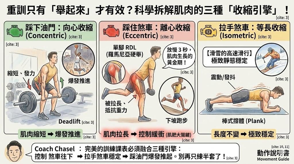 【動作說明書解惑】重訓只有「舉起來」才有效？科學拆解肌肉的三種「收縮引擎」