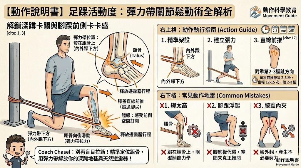【動作說明書】深蹲卡關、腳踝前側卡卡？試試看彈力帶距骨鬆動術！ ​