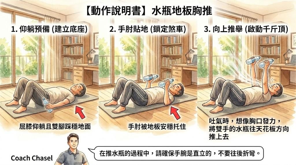 【動作說明書】居家水瓶地板胸推：告別肩膀痠痛，幫胸肌找回「發力開關」！