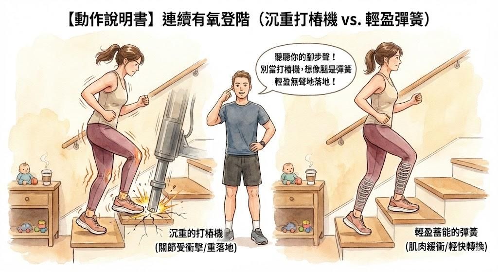 連續有氧登階：你的腳步是沉重的打樁機，還是輕盈蓄能的彈簧？