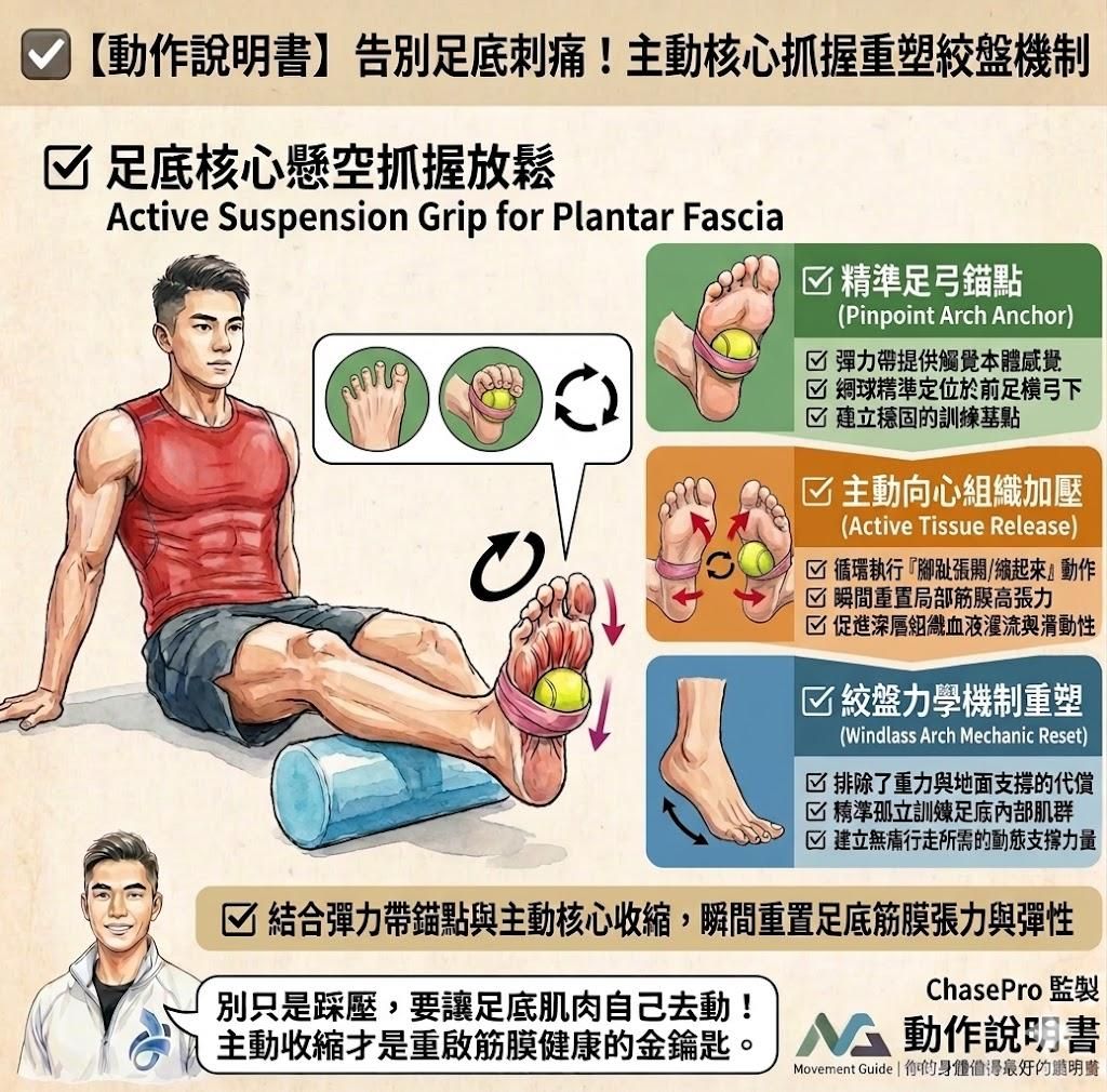 【動作說明書】舒緩足底筋膜緊緊 — 懸空網球主動抓握