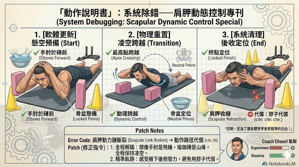 「動作說明書」：肩胛動態控制：趴姿瑜珈磚手肘跨越