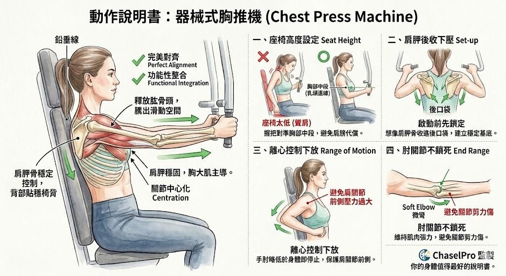 【動作說明書】器械式胸推機 (Chest Press Machine)