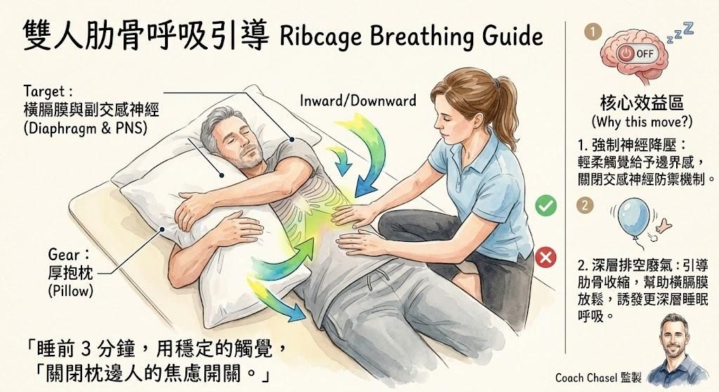 動作說明書：別再硬按硬揉！睡前 3 分鐘「雙人肋骨呼吸引導」，關閉枕邊人的焦慮開關