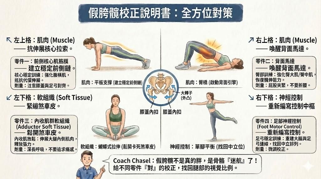 【動作說明書】假胯髖不是真的胖，是骨骼「迷航」了！膝蓋內扣大轉子向外凸全方位校正菜單。 ​
