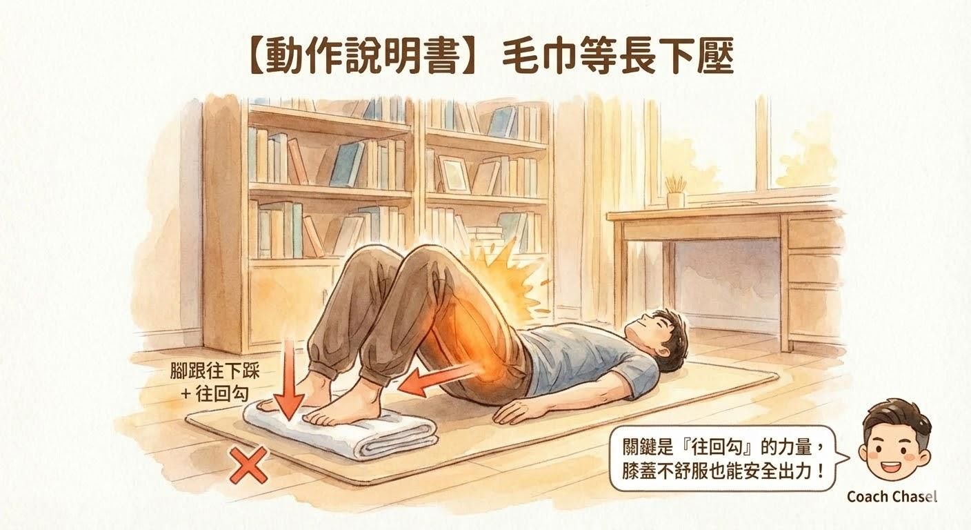 【動作說明書】毛巾等長下壓：關節零壓力的腿後側「保養型」強化 ​