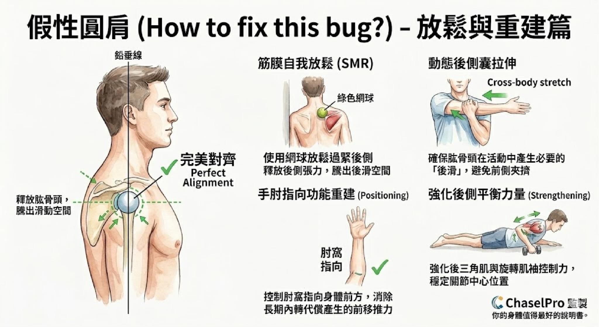 【動作說明書】假性圓肩 (How to fix this bug?) - 放鬆與重建篇 ​