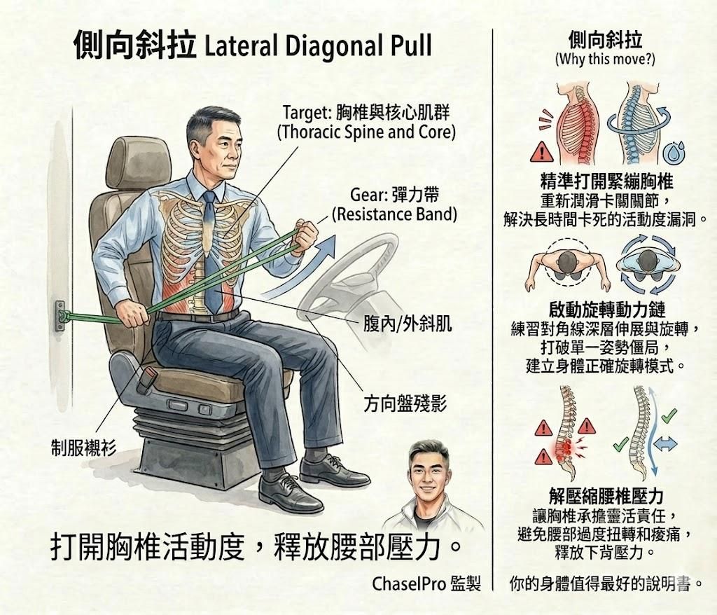 【動作說明書】側向斜拉：解除運將的「下背緊箍咒」
