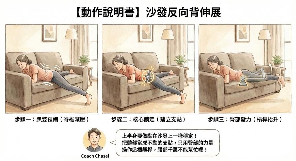 【動作說明書】沙發反向背伸展Reverse hyper：釋放腰椎壓力，打造純粹的臀部發力槓桿 ​