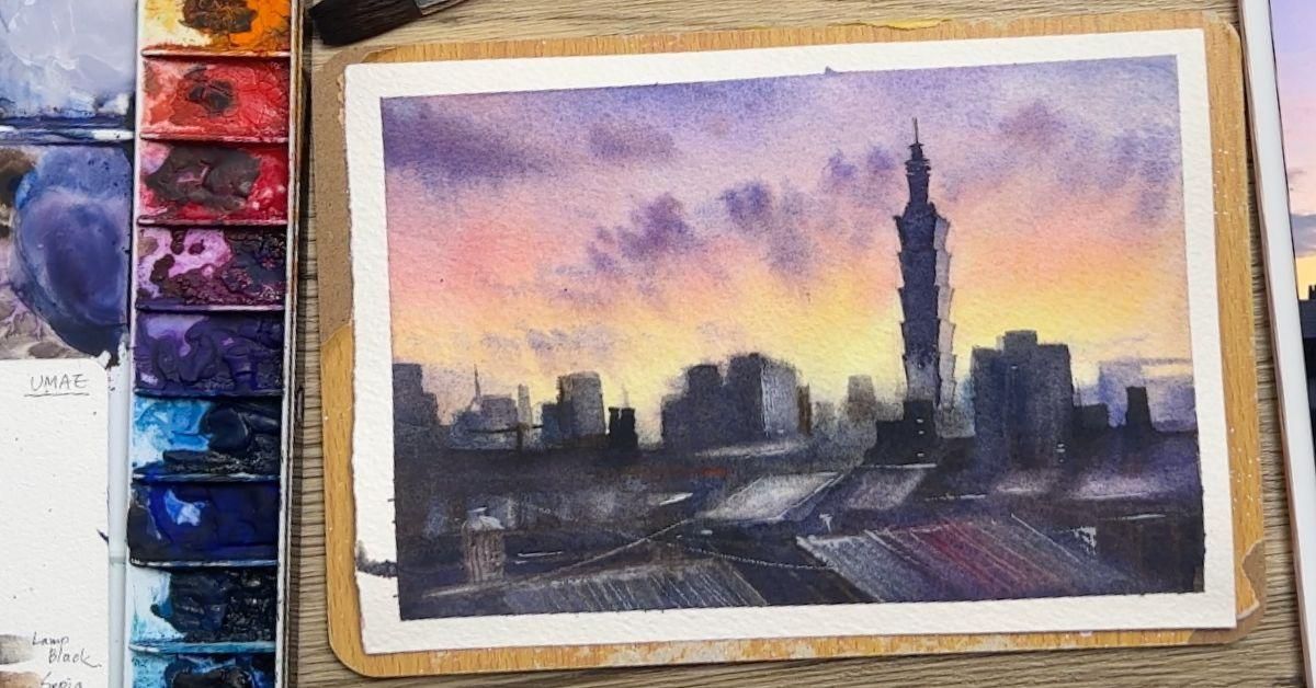 【台北的天空】城市晚霞水彩畫