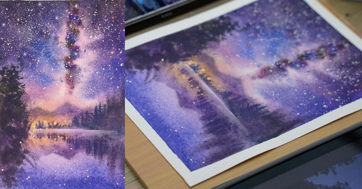 【寂靜湖畔星空】星空風景水彩畫