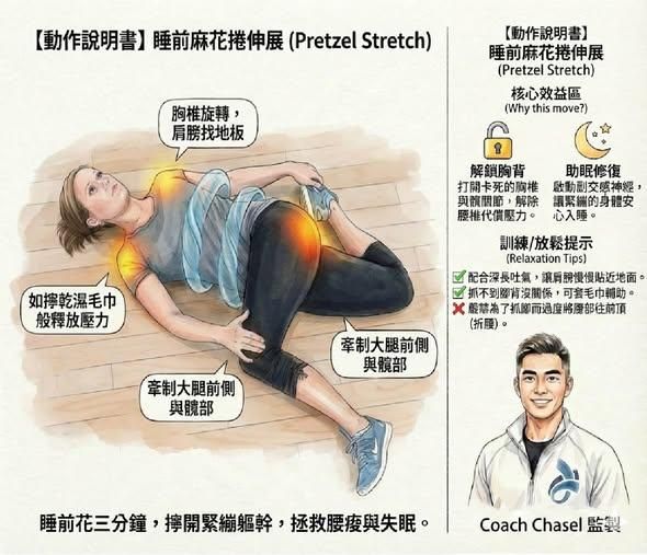 睡前麻花捲伸展：擰開緊繃軀幹，拯救腰痠與失眠