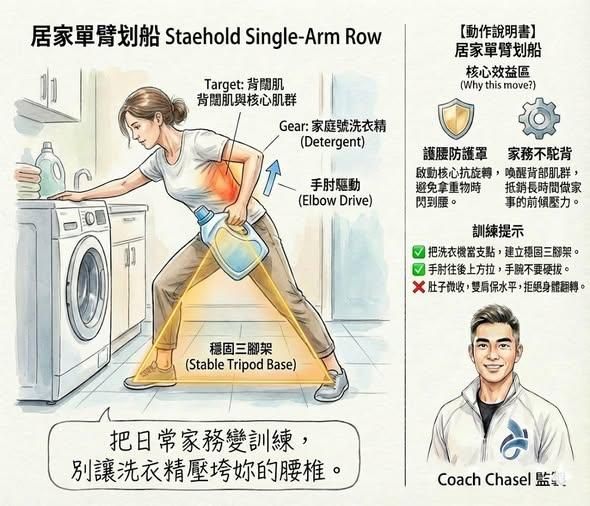 居家單臂划船：媽媽的洗衣間戰役，別讓洗衣精壓垮腰椎