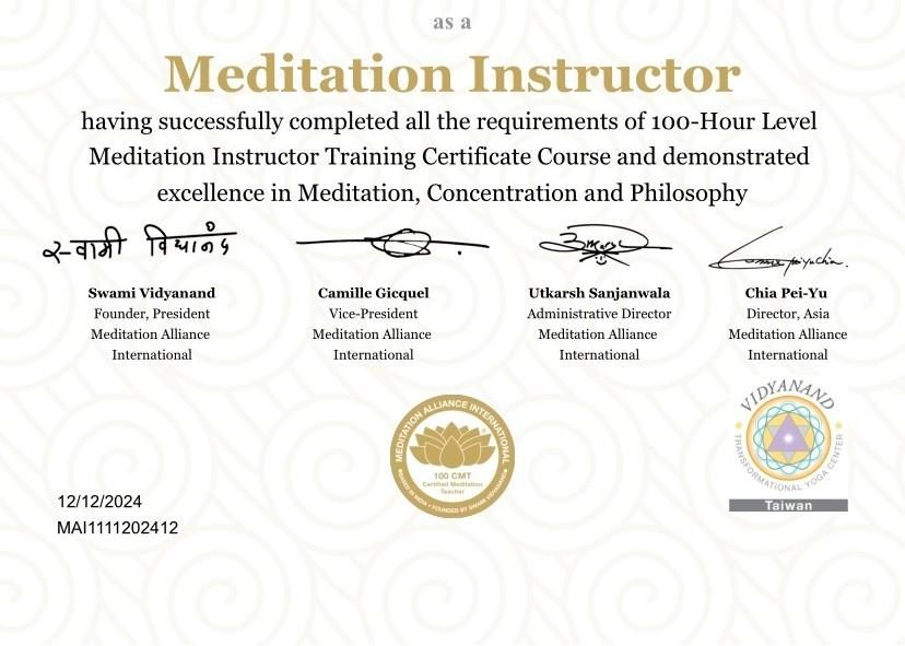 《2024結業證書》MAI 100 小時國際冥想靜心指導員課程