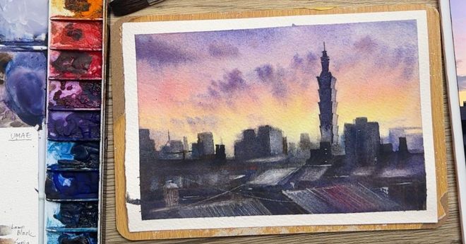 【台北的天空】城市晚霞水彩畫