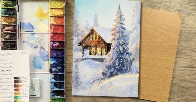 【北歐雪地小木屋】雪景畫