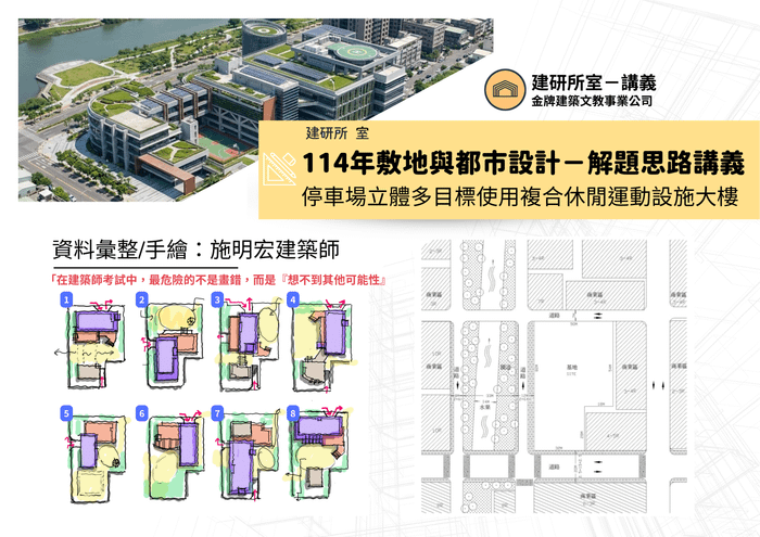 114敷地－停車場立體多目標使用複合休閒運動設施大樓全解析：考題的底層邏輯（講義與手繪）