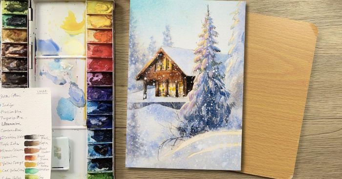 【北歐雪地小木屋】雪景畫