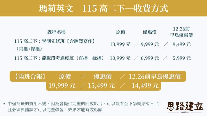 高二下：英文合報方案（早鳥優惠價）