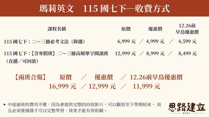 國七下：英文合報方案（早鳥優惠價）