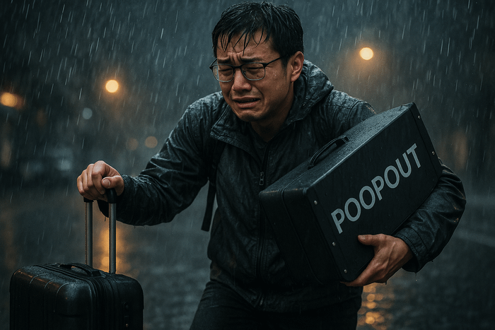 大雨中，一個人推著行李箱、扛著樣品，雨水和眼淚已經搞不清