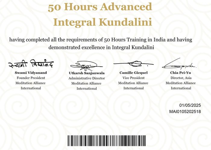《2025 結業證書》MAI 50小時 南印度Kundalini進階修習之旅