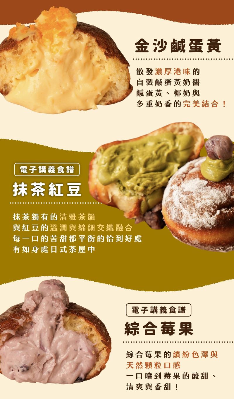 “其中三款不同口味生多拿滋的介紹：金沙鹹蛋黃、抹茶紅豆、綜合莓果”